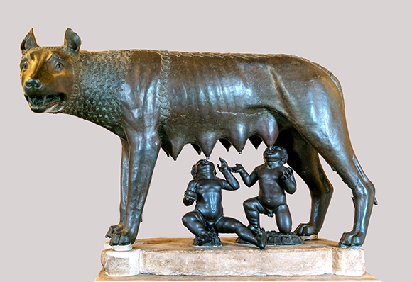 Capitoline Wolf, sculpture of the mythical she-wolf suckling the infant twins Romulus and Remus-web.jpg